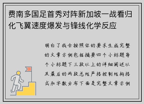 费南多国足首秀对阵新加坡一战看归化飞翼速度爆发与锋线化学反应