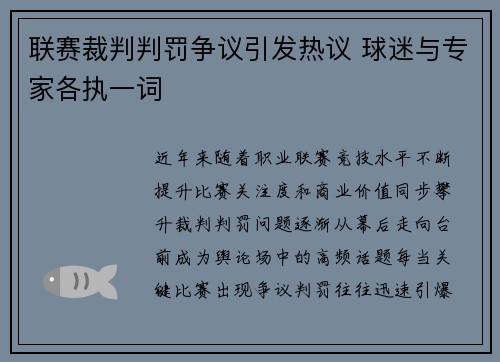 联赛裁判判罚争议引发热议 球迷与专家各执一词
